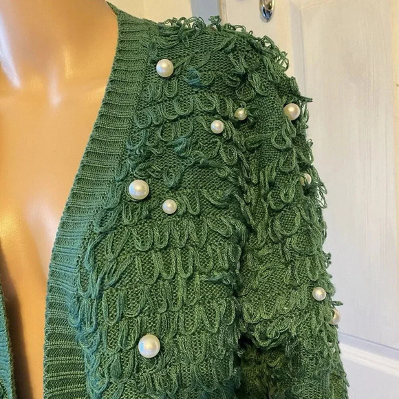 Emerald Green Loop Faux Pearl Cropped Cardigan Sweater Lady XL Whimsigoth Knit - Picture 9 of 10
